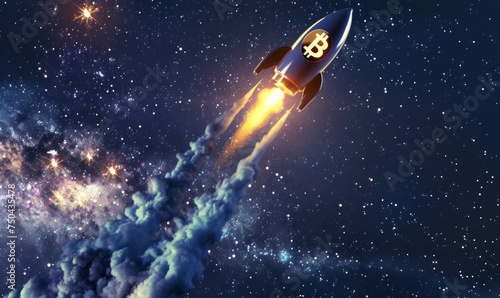 Illustration capturing the excitement of a Bitcoin price surge, with a rocket-shaped Bitcoin symbol soaring upwards against a starry night sky