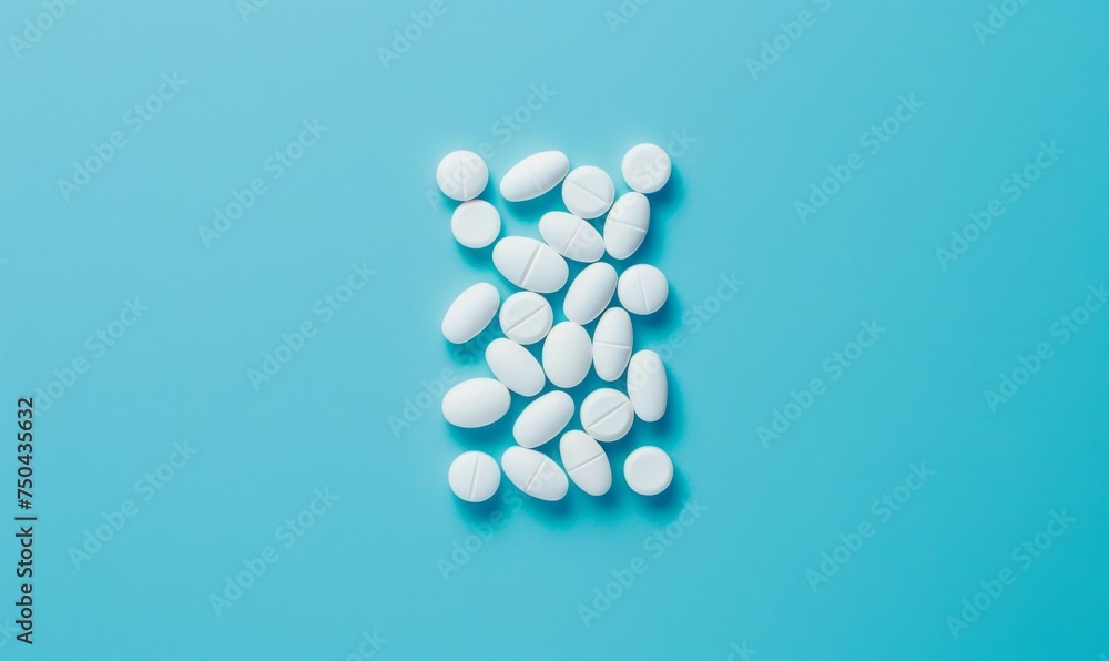 Pills arranged symmetrically on a vibrant blue background Pills arranged symmetrically on a vibrant blue background