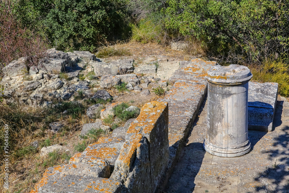 Archaeological site of ancient Troy. Remains of ruined temple. Hisarlik hill. Tevfikiye (Cankkale), Turkey (Turkiye) Archaeological site of ancient Troy. Remains of ruined temple. Hisarlik hill. Tevfikiye (Cankkale), Turkey (Turkiye)