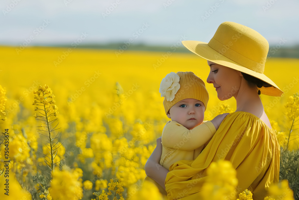 Caucasian mother and her baby at yellow meadow