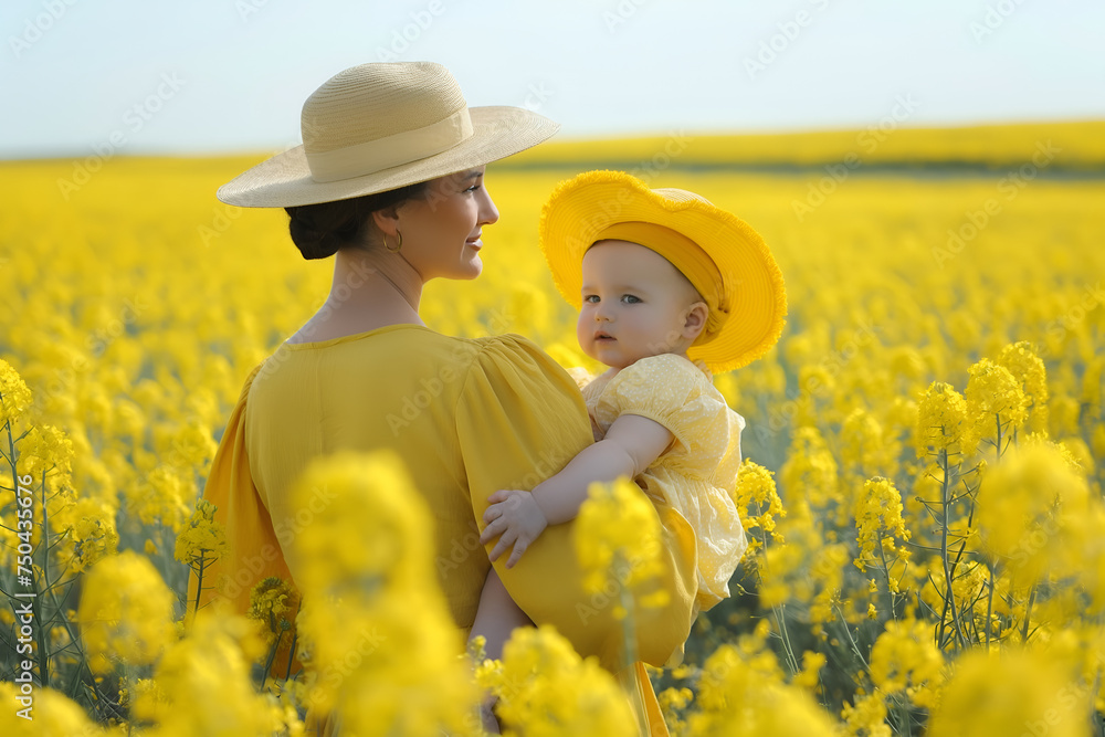 Fototapeta premium Caucasian mother and her baby at yellow meadow
