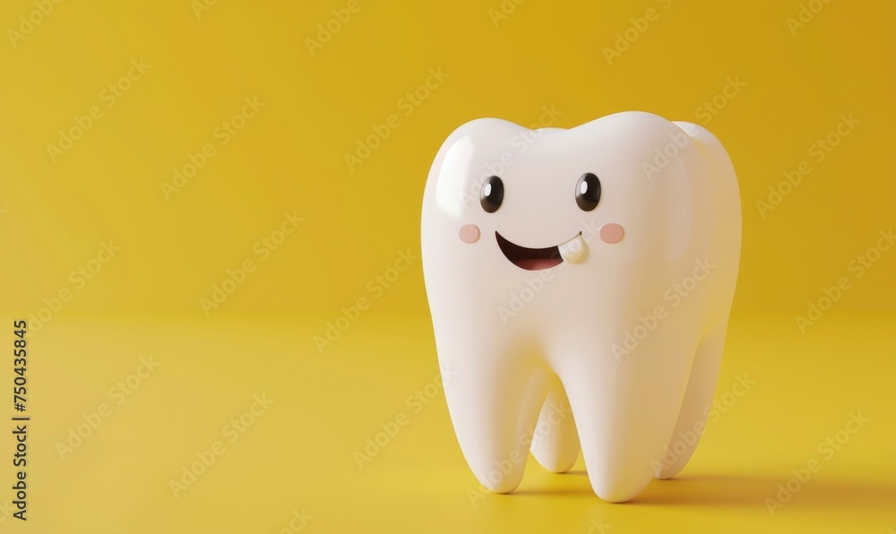 3D tooth character with a friendly expression, standing out against a simple light background 3D tooth character with a friendly expression, standing out against a simple light background