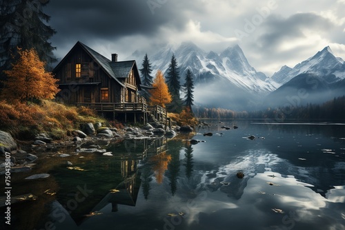 Autumn Cabin Retreat by Misty Mountain Lake. 