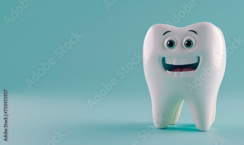 3D tooth character with a friendly expression, standing out against a simple light blue background, perfect for promoting dental care and oral hygiene