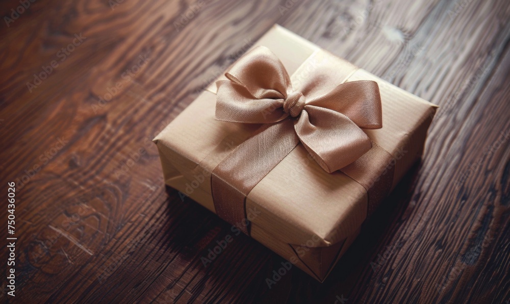 Beautifully wrapped gift box adorned with a satin ribbon and bow, placed on a polished wooden surface Beautifully wrapped gift box adorned with a satin ribbon and bow, placed on a polished wooden surface
