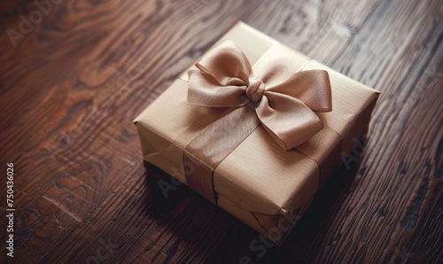 Beautifully wrapped gift box adorned with a satin ribbon and bow, placed on a polished wooden surface