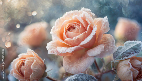 Frosted Peach Fuzz roses bloom in winter’s chill, showcasing nature’s icy beauty. #750436034