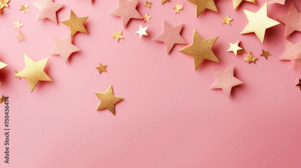 Shiny particles of golden color in the shape of stars on a pink background. Glowing sparks, festive background, greeting card. Mysterious and mystical background. Shiny particles of golden color in the shape of stars on a pink background. Glowing sparks, festive background, greeting card. Mysterious and mystical background.