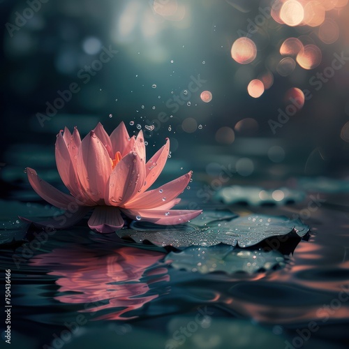 Beautiful pink waterlily or lotus flower in pond