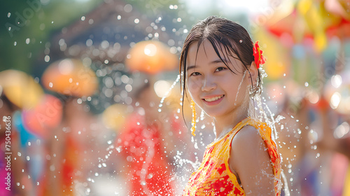 Beautiful girl and water splash in Songkran festival at Thailand
