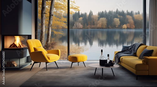 Lakeside Living Room with Vibrant Yellow Armchairs and Modern Fireplace © HecoPhoto