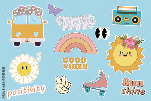 Groovy hippie 70s stickers. Funny cartoon flower,rainbow, peace, Love, heart, daisy, hippie bus etc. Sticker pack in trendy retro psychedelic cartoon style. Flower power. Only good vibes. Choose happy