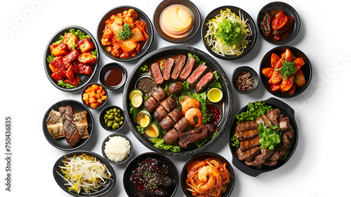 Korean Sizzling Delights: Top-Down Image of a Korean BBQ Feast. generative ai