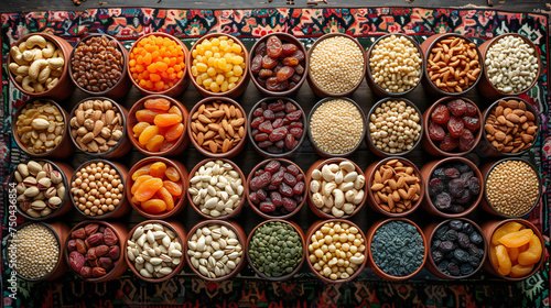 Variety of nuts, seeds, and dried fruits displayed in wooden bowls. A colorful patterned textile enhances the visual appeal. Perfect for: health food content, snack variety, nutrition articles. photo