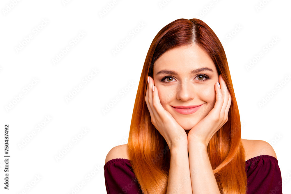 Portrait of red straight-haired attractive cute nice happy smiling young girl, hands touching cheeks. Copy space. Isolated over bright vivid yellow background Portrait of red straight-haired attractive cute nice happy smiling young girl, hands touching cheeks. Copy space. Isolated over bright vivid yellow background