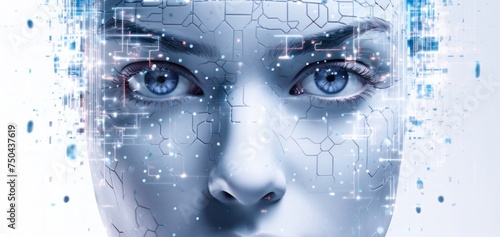 Realistic Artificial intelligence. Computer mind connections head. Human 3D head with circuit board inside. Engineering concept. Technology web background. Virtual concept