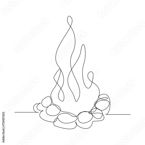 Continuous single line sketch drawing of bonfire campfire camping activity. One line warm body in campsite light, cooking food and water outdoor hiking travel trip vector illustration