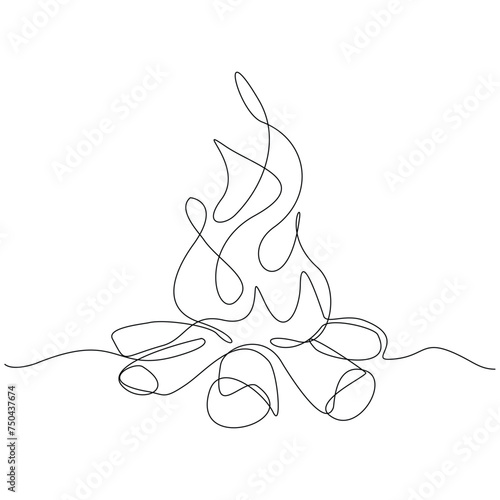 Continuous single line sketch drawing of bonfire campfire camping activity. One line warm body in campsite light, cooking food and water outdoor hiking travel trip vector illustration