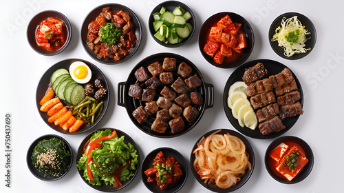 Korean Sizzling Delights: Top-Down Image of a Korean BBQ Feast. generative ai