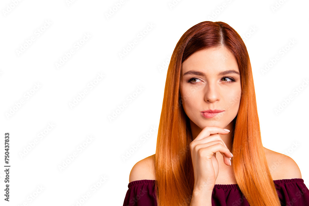 Portrait of red straight-haired attractive cute nice curious young girl, hand touching chin, thoughtful. Copy space. Isolated over bright vivid yellow background Portrait of red straight-haired attractive cute nice curious young girl, hand touching chin, thoughtful. Copy space. Isolated over bright vivid yellow background