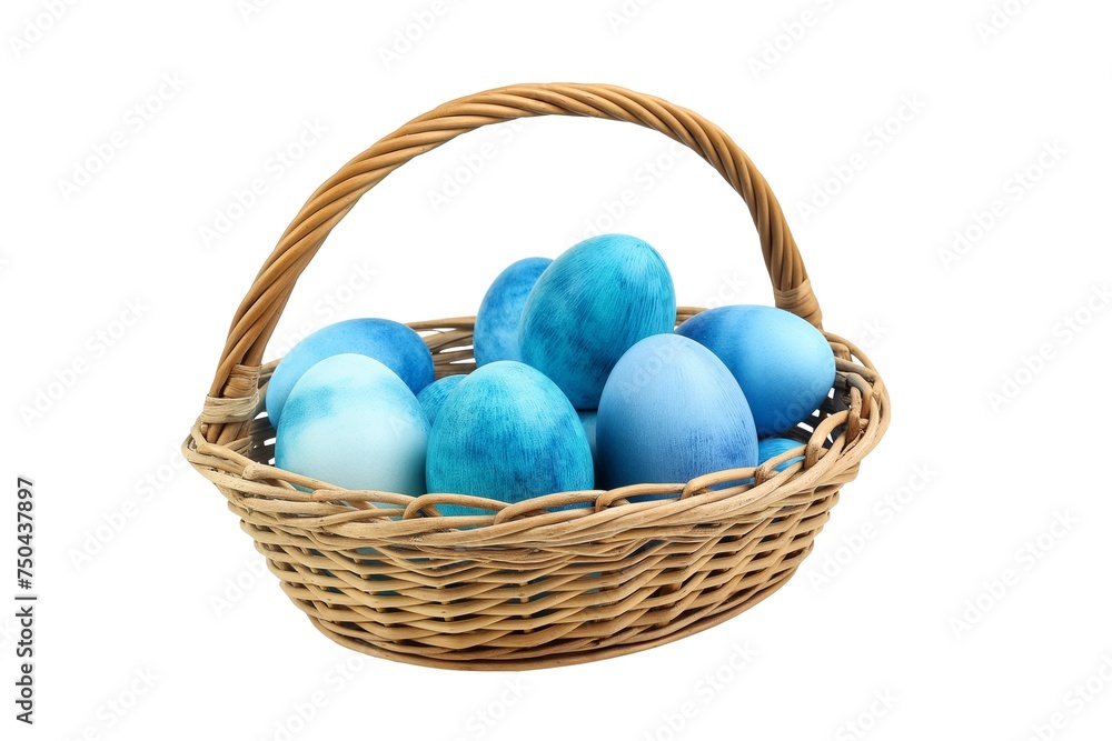 a wicker basket with blue Easter eggs, easter decorative motif, isolated on transparent background - obrazy, fototapety, plakaty 
