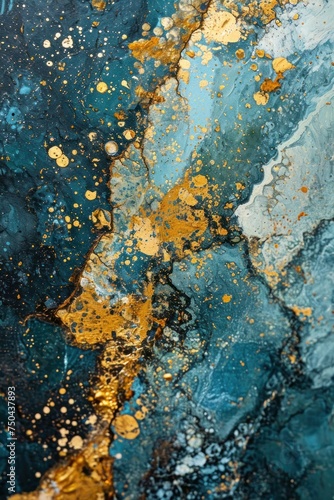 Luxury abstract fluid art painting vertical background alcohol ink technique. Luxury gold blue marble texture background for interior decoration. Abstract digital artwork