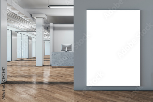 Modern spacious office interior with blank white mock up banner, reception desk and furniture, wooden flooring. 3D Rendering.