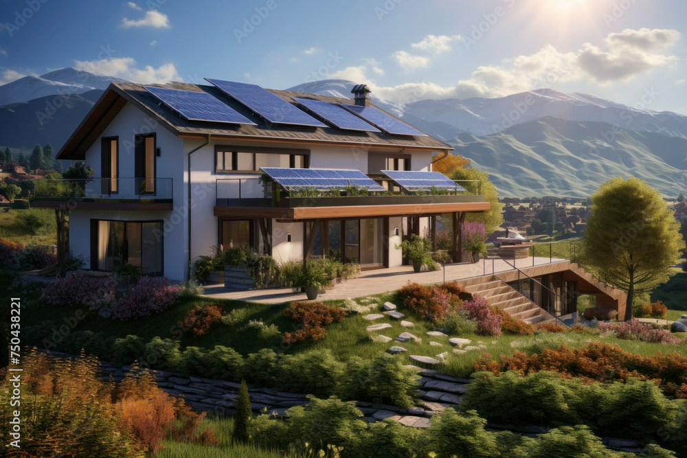 Holiday luxury lodge in the mountains with solar panels. Summer holiday house with garden. Exterior of real estate. Travel summer vacation destination Holiday luxury lodge in the mountains with solar panels. Summer holiday house with garden. Exterior of real estate. Travel summer vacation destination