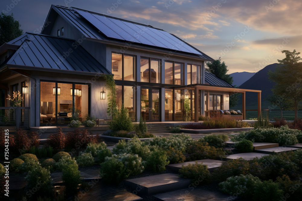Small house with solar panels near the mountains. Holiday lodge close to nature. Summer holiday cottage with garden. Summer vacation destination Small house with solar panels near the mountains. Holiday lodge close to nature. Summer holiday cottage with garden. Summer vacation destination