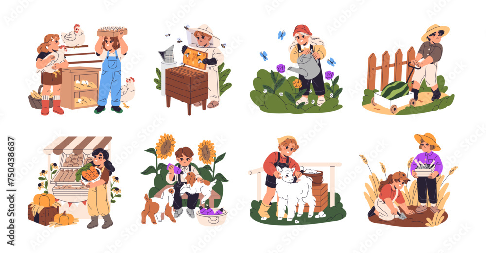 Children work on agriculture farm set. Kids care about baby animals, feed little goats. Girls and boys garden gather harvest. Young farmers sell vegetables. Flat isolated vector illustration on white