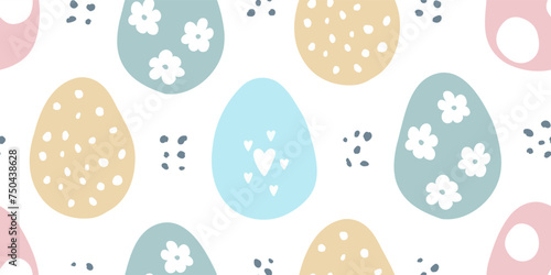 Easter Eggs seamless pattern. Hand drawn color egg shapes with dots, flowers and hearts. Vector illustration.