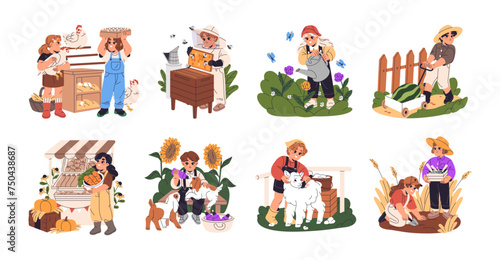 Children work on agriculture farm set. Kids care about baby animals, feed little goats. Girls and boys garden gather harvest. Young farmers sell vegetables. Flat isolated vector illustration on white © Paper Trident