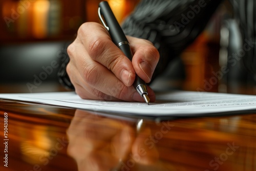 A detailed close-up of a hand signing a contract