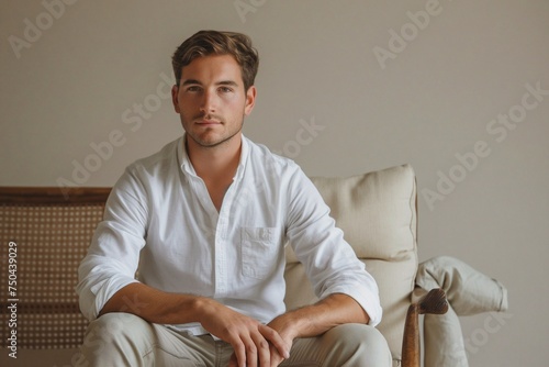 Confident handsome man sitting on chair looking at camera. Generative AI