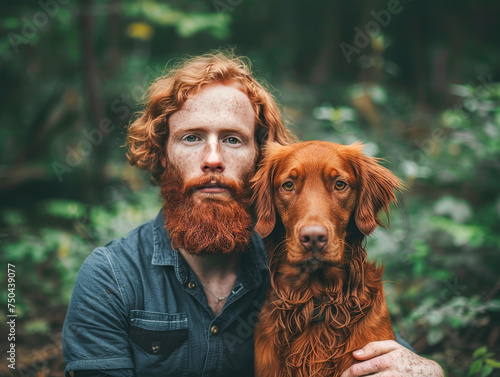 Red haired freckled young man with beard and moustache and his dog friend with the same colour of the hair, portrait in the nature.