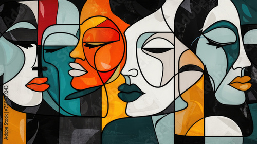 Abstract cubist face in black and white with bright hues of orange, aqua, pink, citrine and mint green, retro colors. Illustration for creative design
