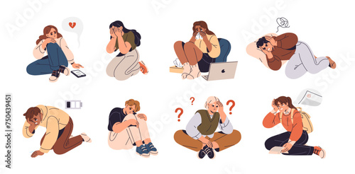 Sad teenagers suffer set. Lonely girls and guys thinking, feeling anxiety. Depressed people cry, expression unhappy emotions. Stressed students. Flat isolated vector illustration on white background