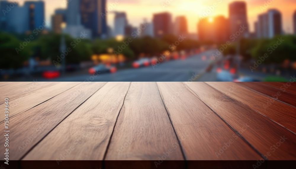 Wooden Table Top and Blurred City Traffic Wooden Table Top and Blurred City Traffic