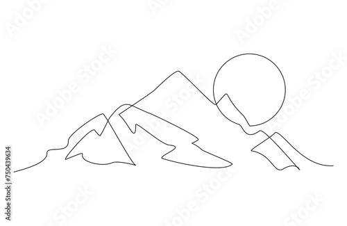 Continuous single line sketch drawing of mountain landscape nature adventure travel volcano one line vector illustration