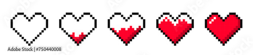 Set of pixel hearts for an 8-bit game. Health points bar in a video game. Red pixel hearts for animation, gaming and health bar. Vector