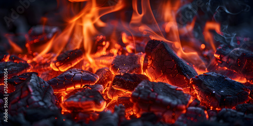 Burning coals in abstract backdrop,Burning embers in the flames.
