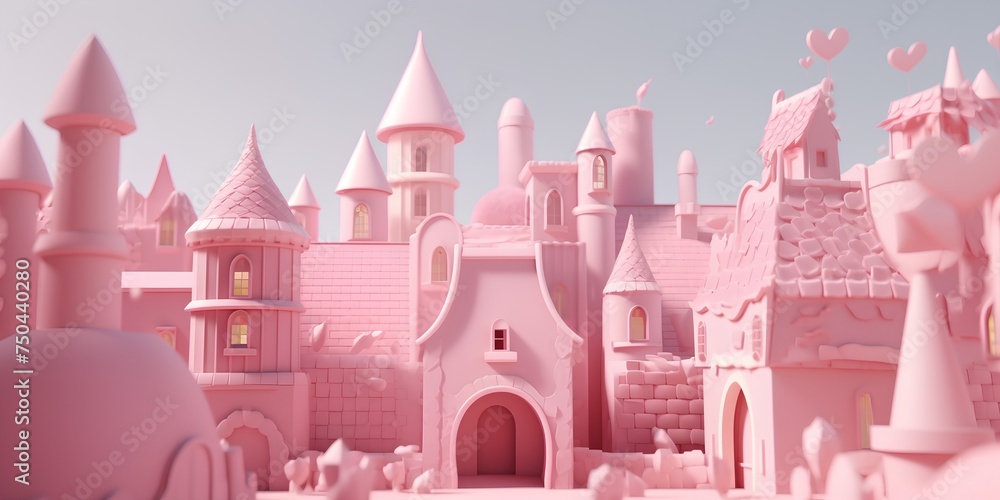 Fairytale castle. 3d render illustration. Pink background.
