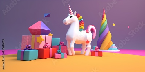 Unicorn and gift boxes. 3d render illustration. Pink background.