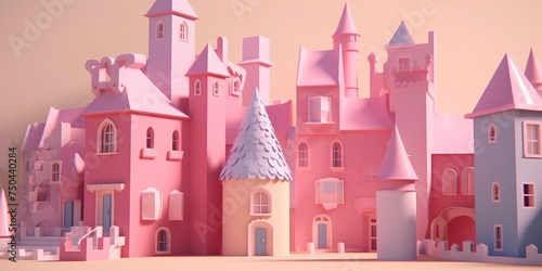 Fairytale castle in pink color. 3d render illustration.