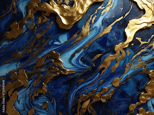 Blue marble and gold abstract background texture.  Indigo ocean blue marbling  with natural luxury style swirls of marble and gold powder.
