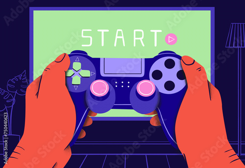 Hands of person using joystick to play video game at home