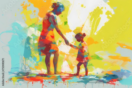 Mother and daughter playing with watercolor splashes. Vector illustration.