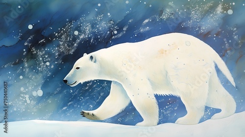 Illustration of a polar bear in the snow  watercolor painting
