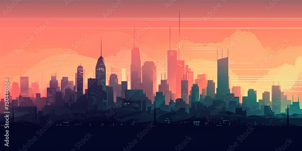 Modern cityscape with skyscrapers at sunset. Vector illustration.
