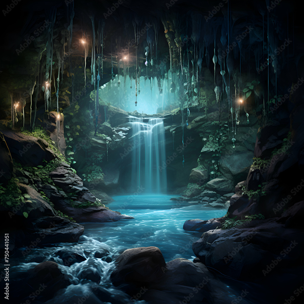 Fantasy dark cave with waterfalls and lights. 3D rendering